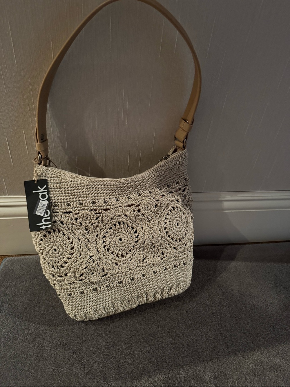 The Sak Cream Crochet Shoulder Bag with Tan Strap